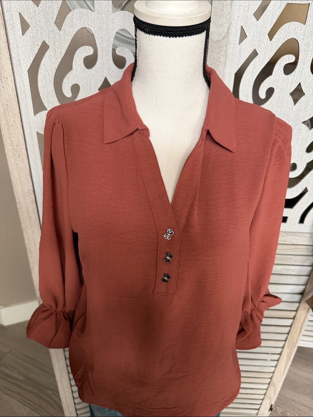 Adrienne Rust Collared V-Neck Blouse - Picture 2 of 5